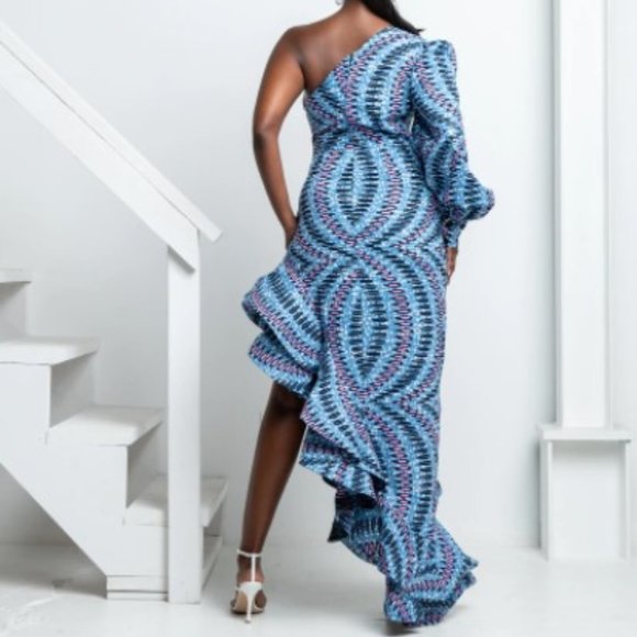 SORAYA ONE-SLEEVE RUFFLE AFRICAN PRINT HI-LOW DRESS - Picture 4 of 4